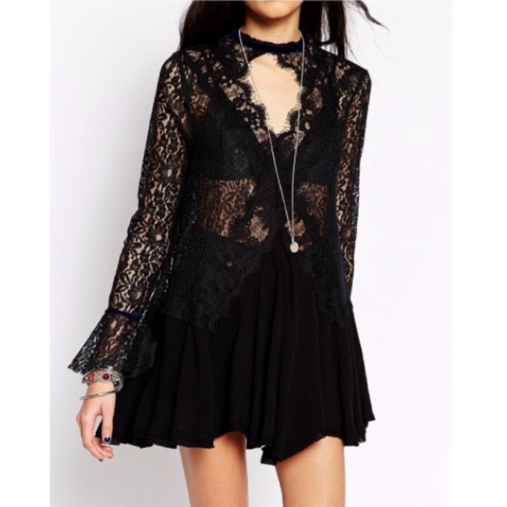 Free People Black Lace Long Sleeve Blouse